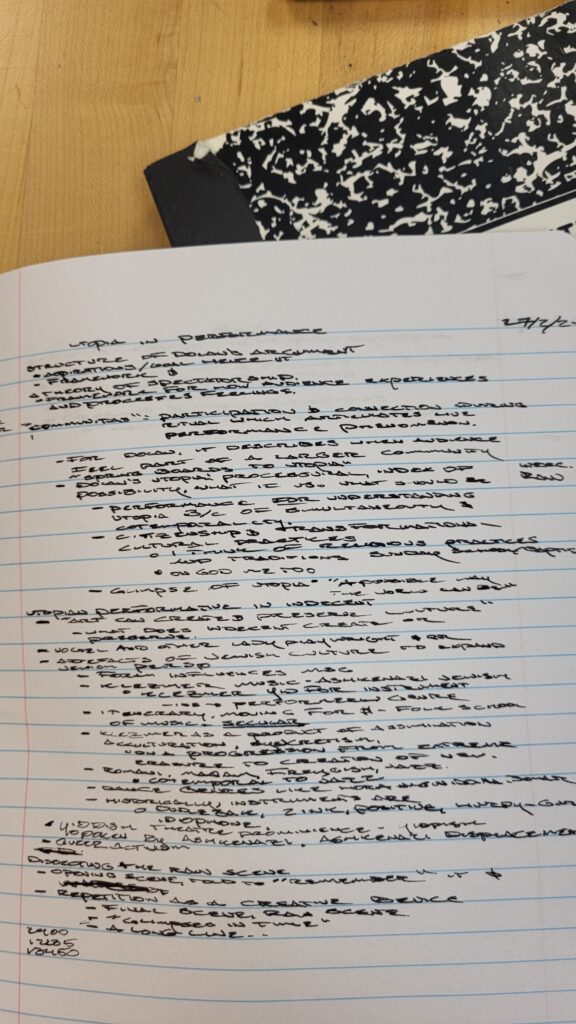 Page of notes on Utopia in the performative - theatre and dance