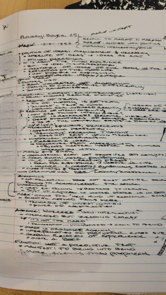 Page of notes on Dr. Boyer's plenary -- about the Communist Manifesto